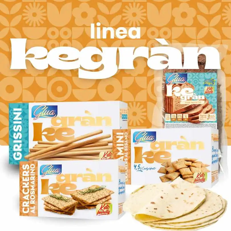 Immagine della linea Kegràn con alimenti keto come grissini, crackers e fette, perfetti per dieta chetogenica.