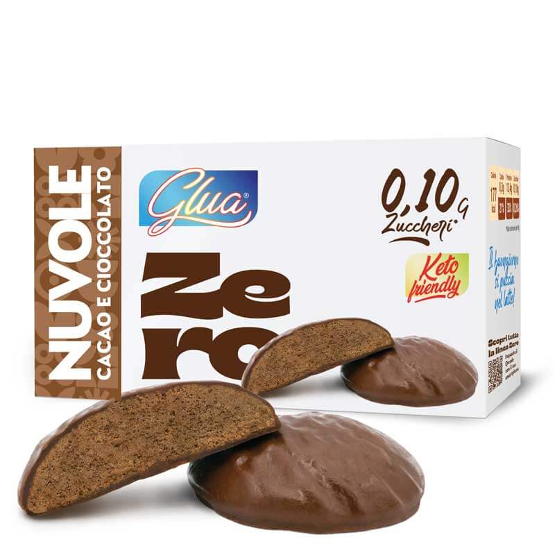 Biscotti proteici Nuvole al cacao ricoperti di cioccolato, alimenti keto senza zuccheri aggiunti.