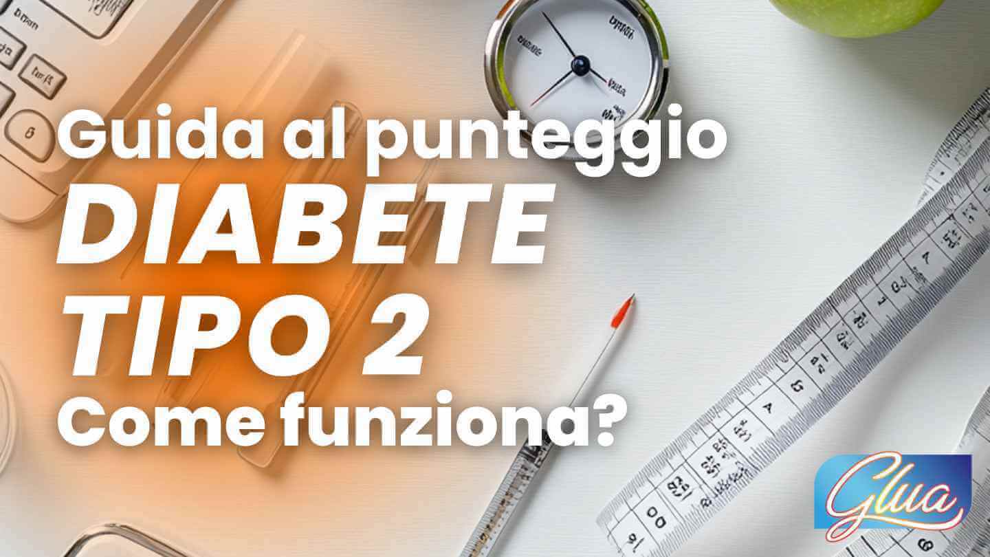 Copertina della guida al punteggio per il Diabete Tipo 2 con strumenti sanitari e alimenti freschi.