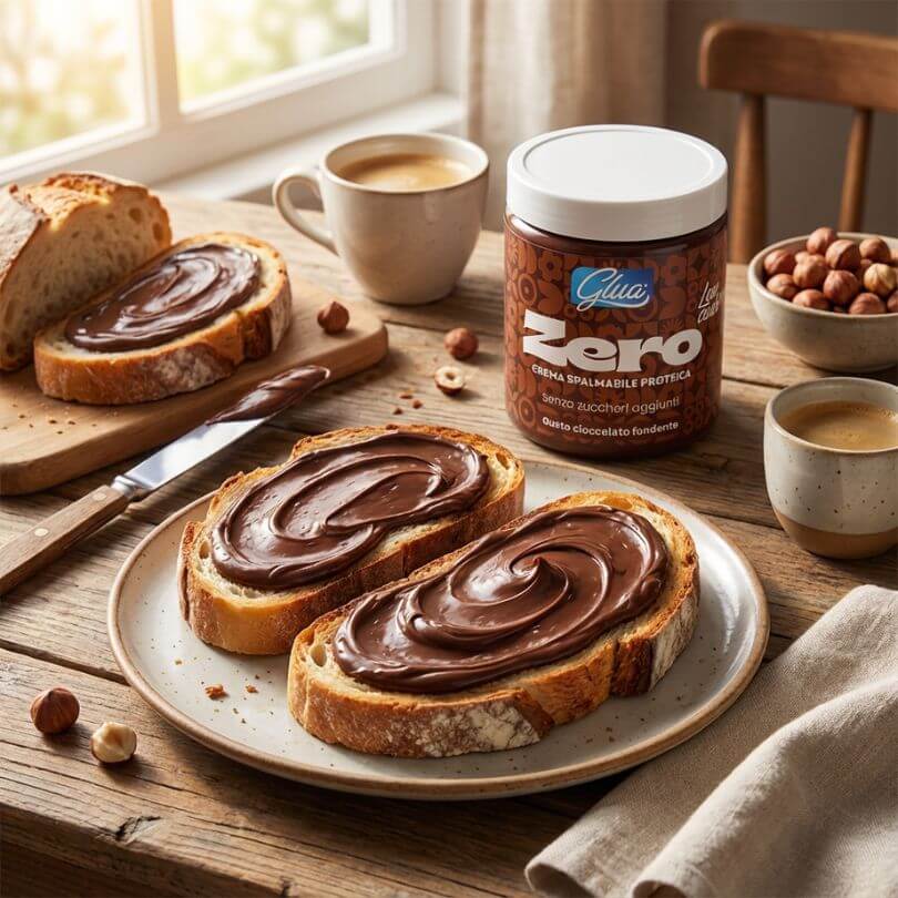 Crema proteica al cioccolato fondente spalmata su fette di pane con tazza di caffè e nocciole