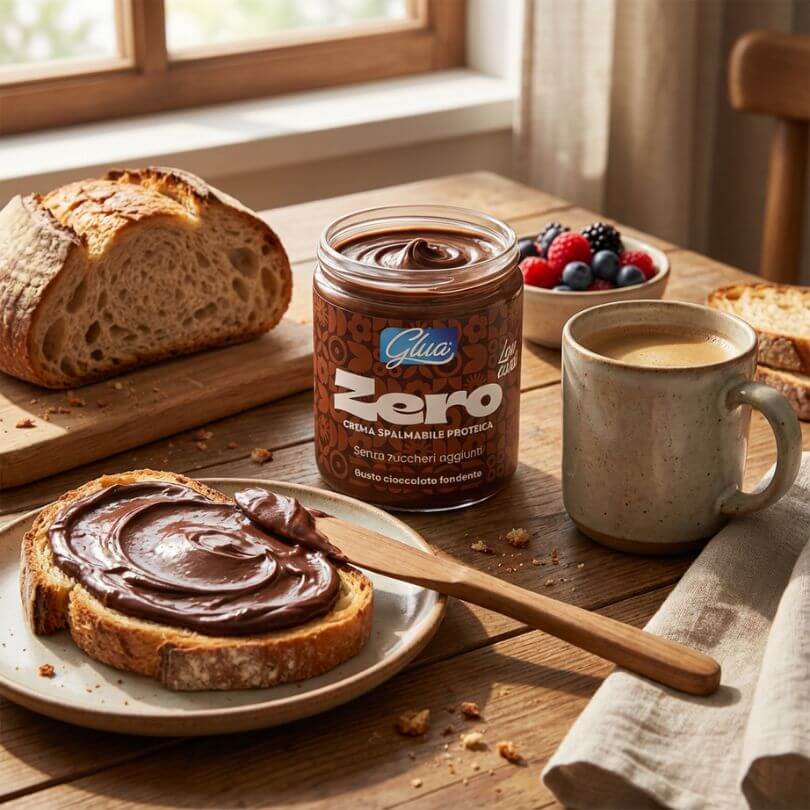 Crema proteica al cioccolato fondente su pane tostato con una tazza di caffè e frutta fresca.