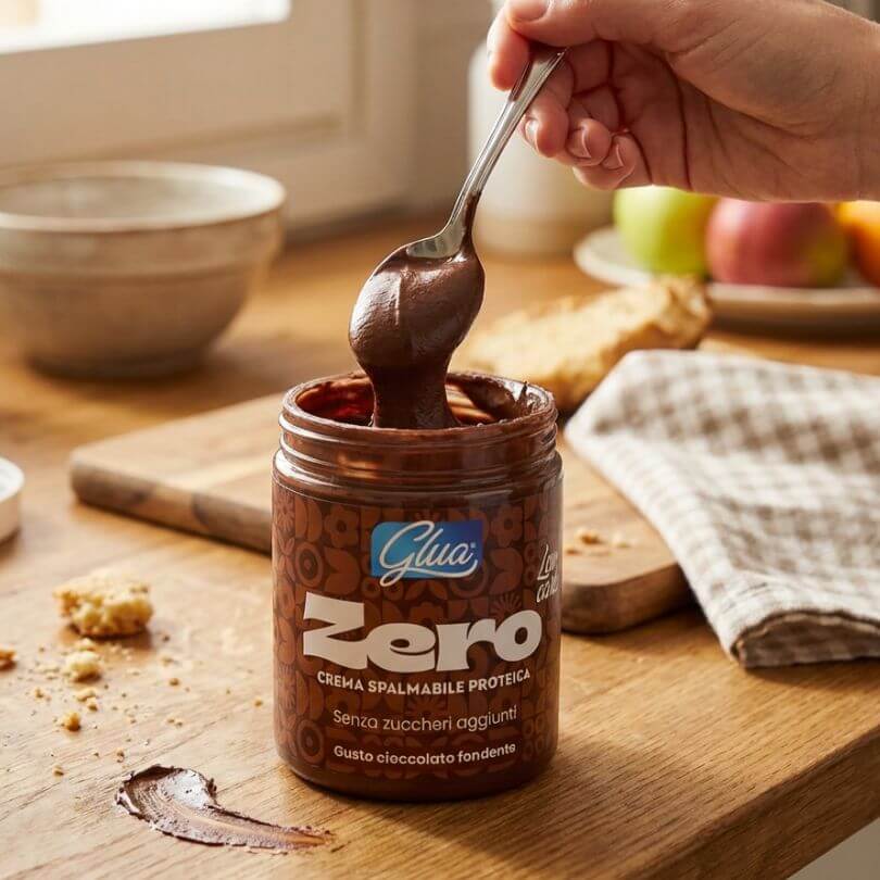 Crema proteica al cioccolato fondente in barattolo con cucchiaio, senza zuccheri aggiunti, perfetta per dieta chetogenica.