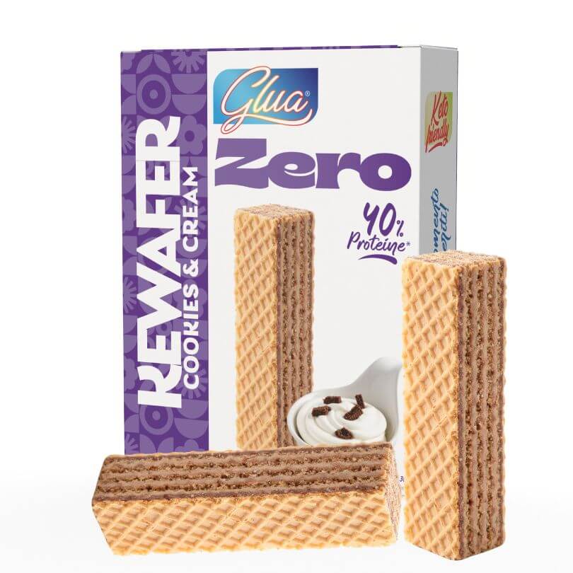 Kewafer ai biscotti e crema, 40% proteine, snack keto, ideale per dieta chetogenica, confezione da 42g.