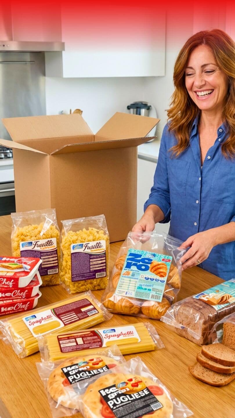 Una donna felice che apre una scatola con cibi freschi e pasta in una cucina moderna.
