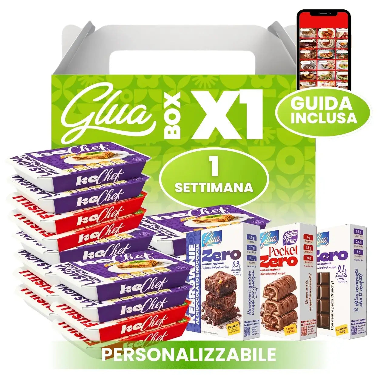 Box X1 settimana piatti pronti con prodotti vari per una settimana di pasti pronti, inclusa guida.