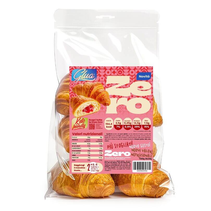 15 Cornetti proteici ripieni di purea alla fragola in confezione trasparente, alimenti proteici per dieta chetogenica.