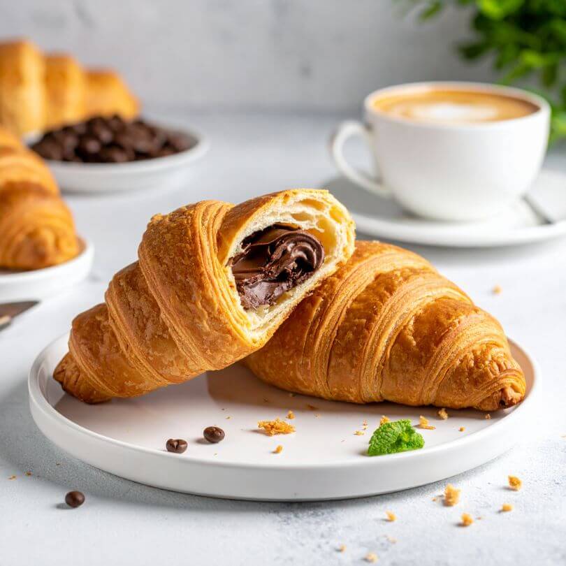 15 Cornetti proteici ripieni alla nocciola su un piatto, con caffè e chicchi di caffè, ottimi per dieta chetogenica.