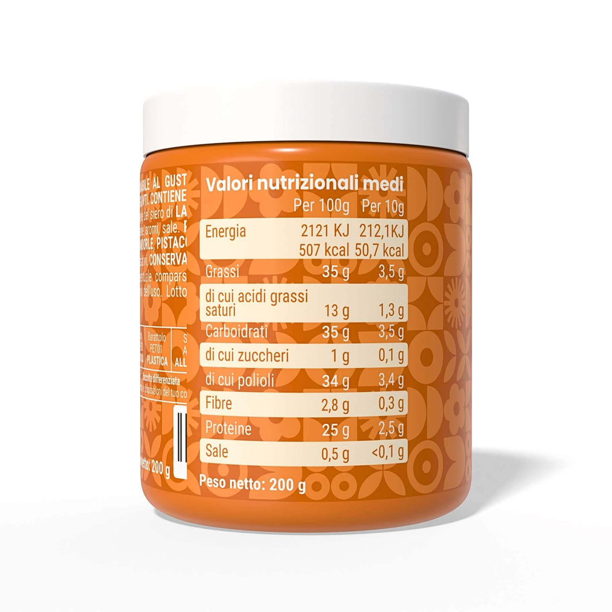 Crema proteica al caramello salato - Valori nutrizionali: 200 g, 0,1 g di zuccheri, ideale per dieta chetogenica.