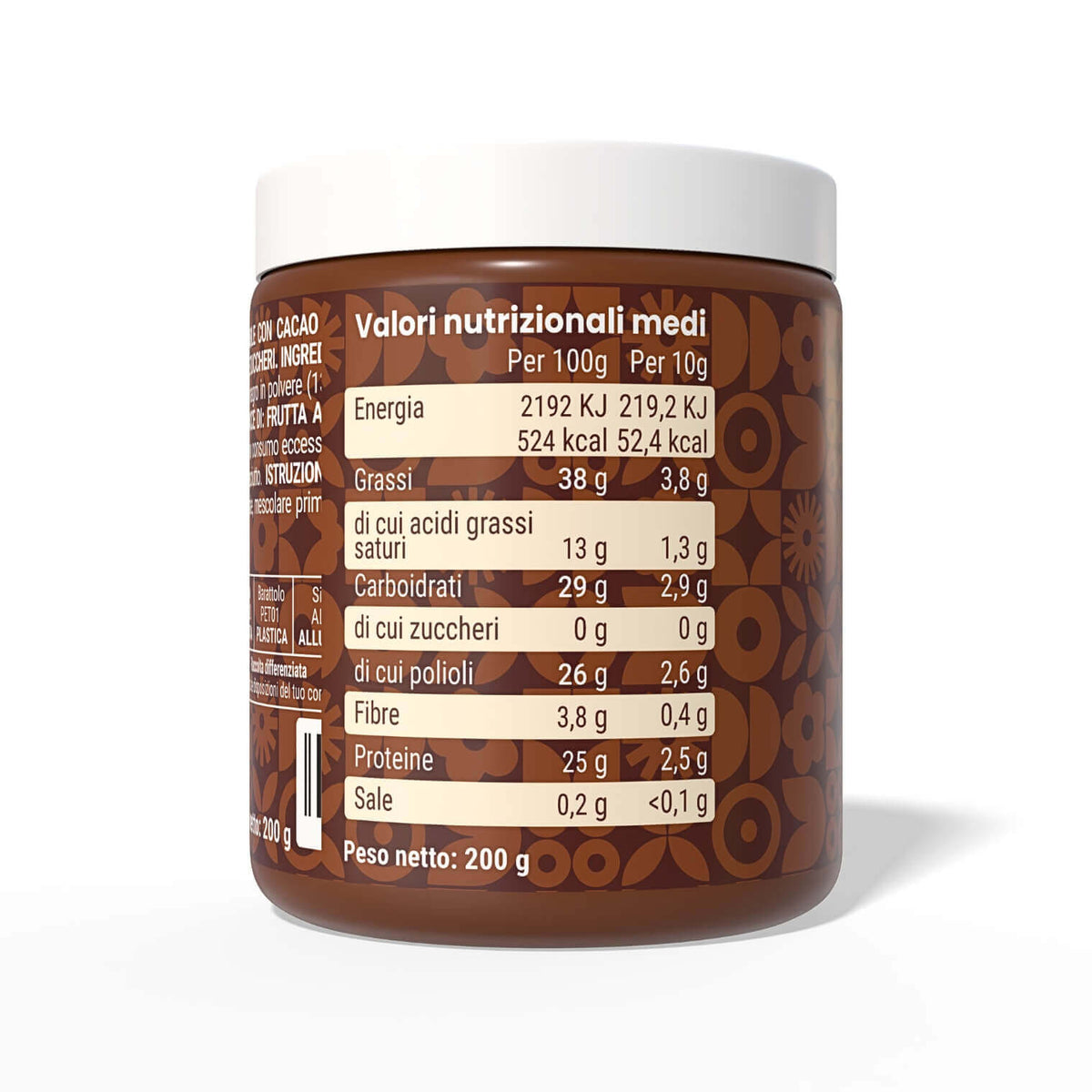 Valori nutrizionali medi per 100g di crema proteica al cioccolato fondente, ottima per dieta chetogenica.