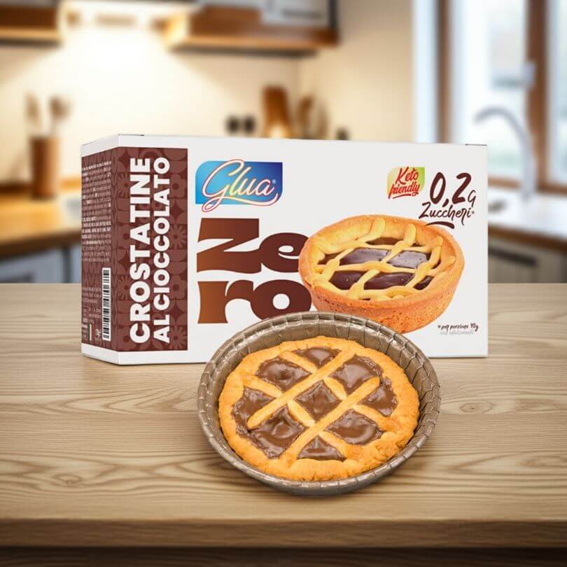 Crostatine al cioccolato con 0,2 g di zuccheri, ideali per dieta chetogenica e alimenti proteici.