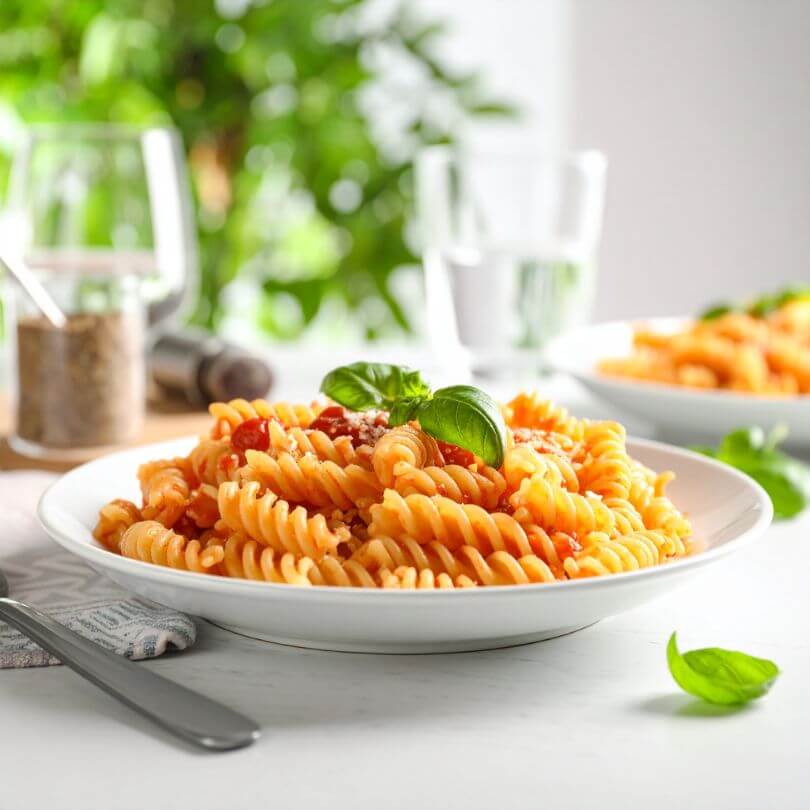 Fusilli keto alla bolognese con salsa, basilico fresco, alimento proteico adatto alla dieta chetogenica.