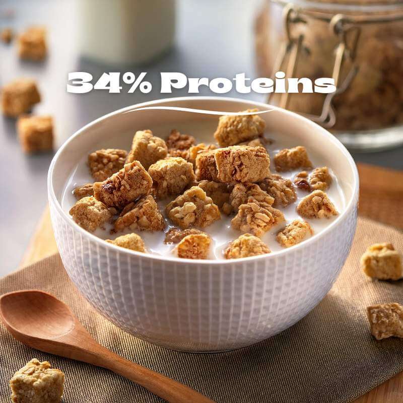 Granola keto gusto cannella con 34% proteine, perfetta per dieta chetogenica e alimenti proteici.
