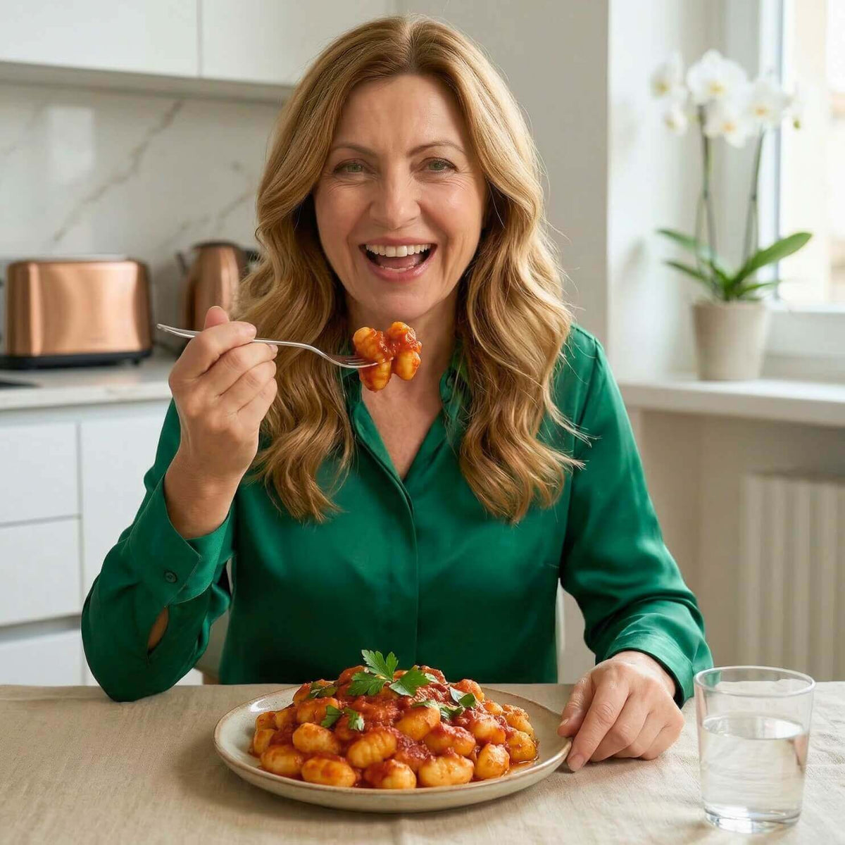 Kepasta Gnocchi: donna felice che gusta gnocchi in un piatto, ideale per dieta chetogenica.