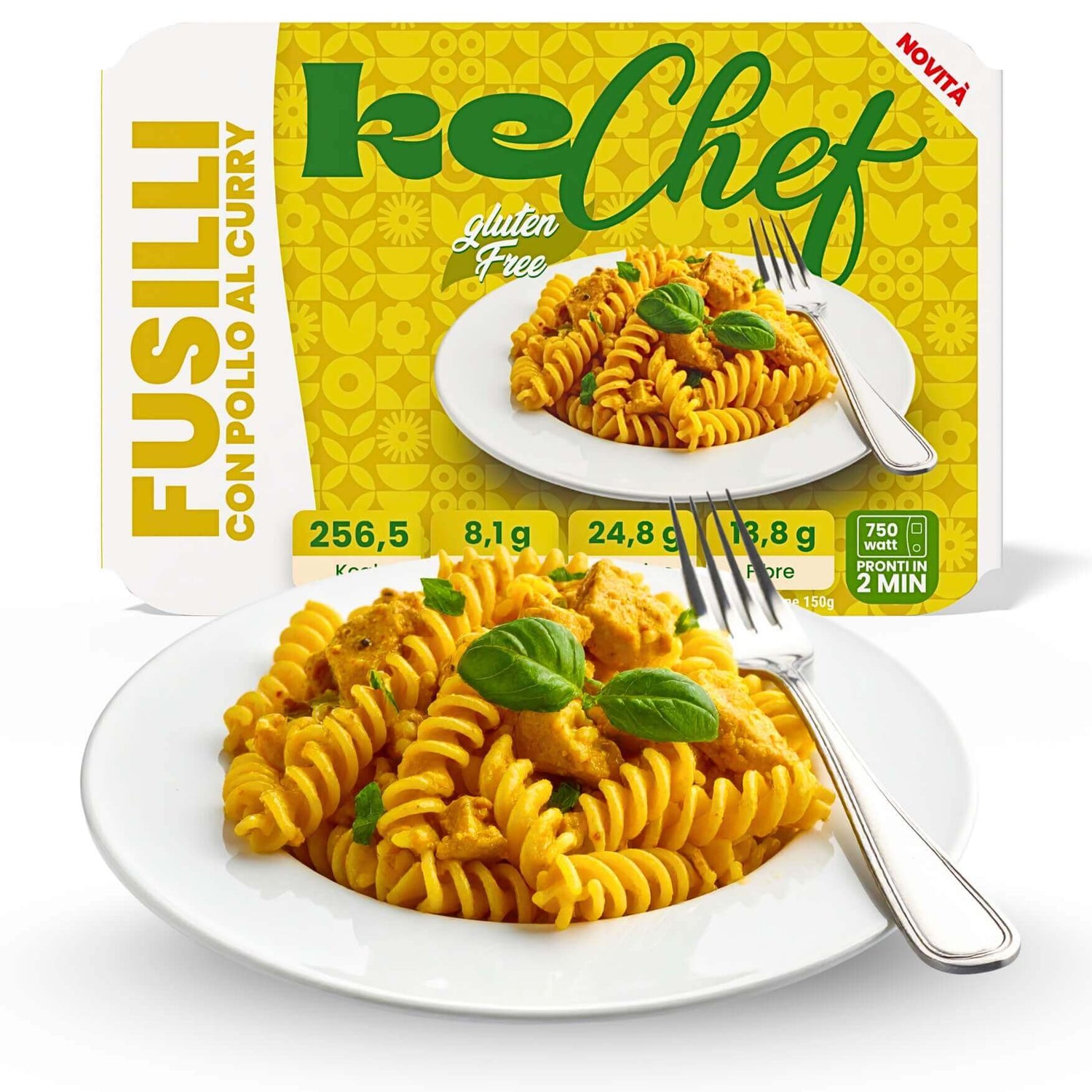 Fusilli keChef al pollo e curry Piatto Pronto con pollo e curry su un piatto bianco, ideale per dieta chetogenica.