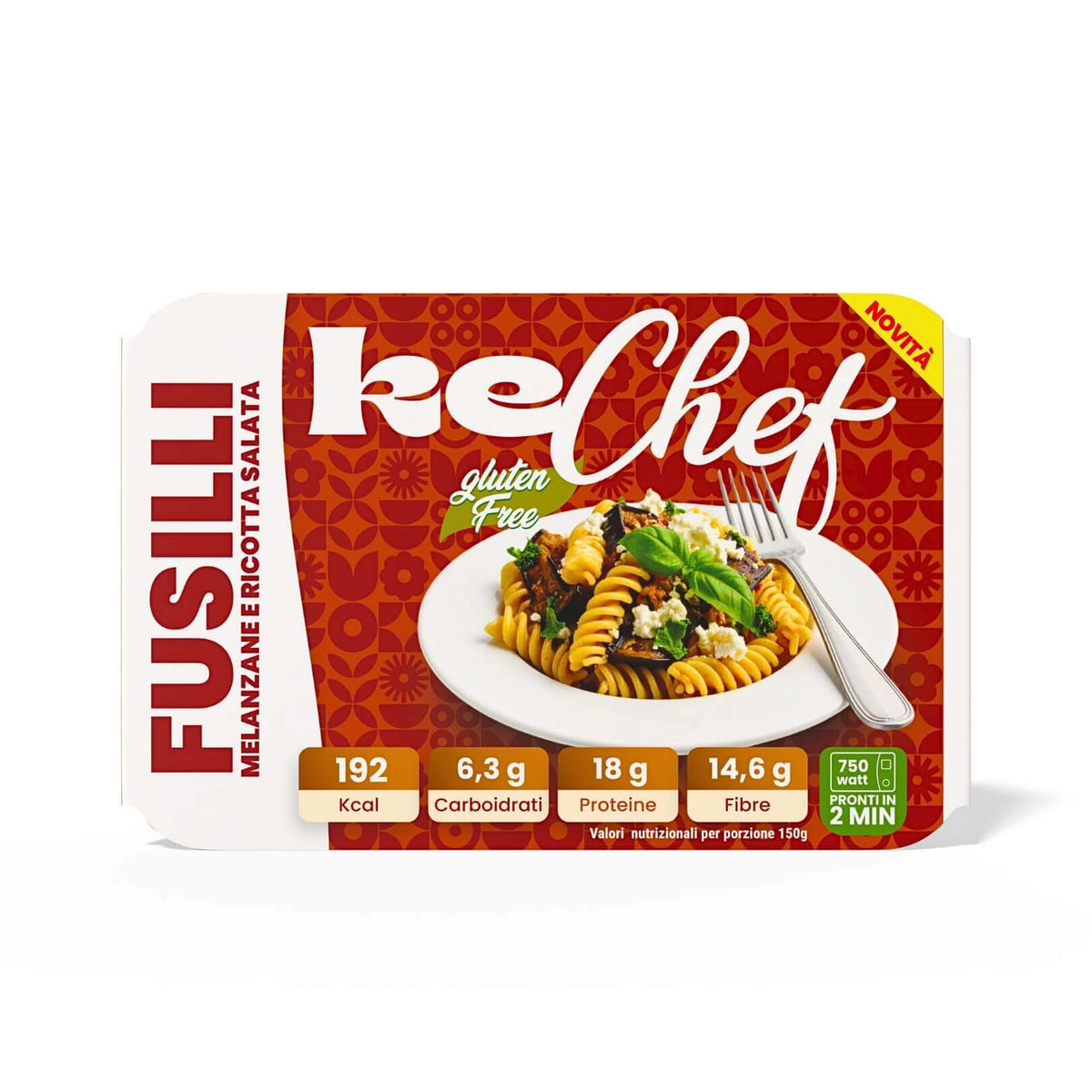 Fusilli kechef alla melanzana e ricotta salata Pronti, piatto pronto, 6,3 g di carboidrati, dieta chetogenica