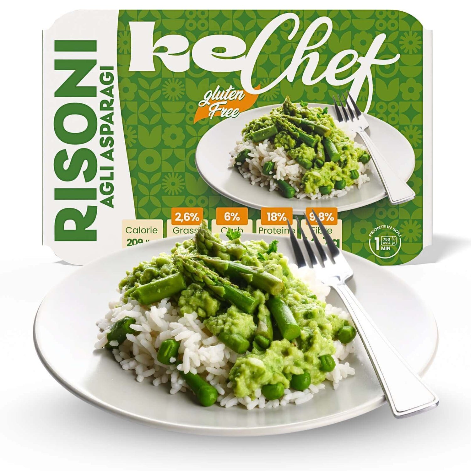 Risoni keChef agli asparagi Pronti in piatto bianco con asparagi verdi, ideale per dieta chetogenica.