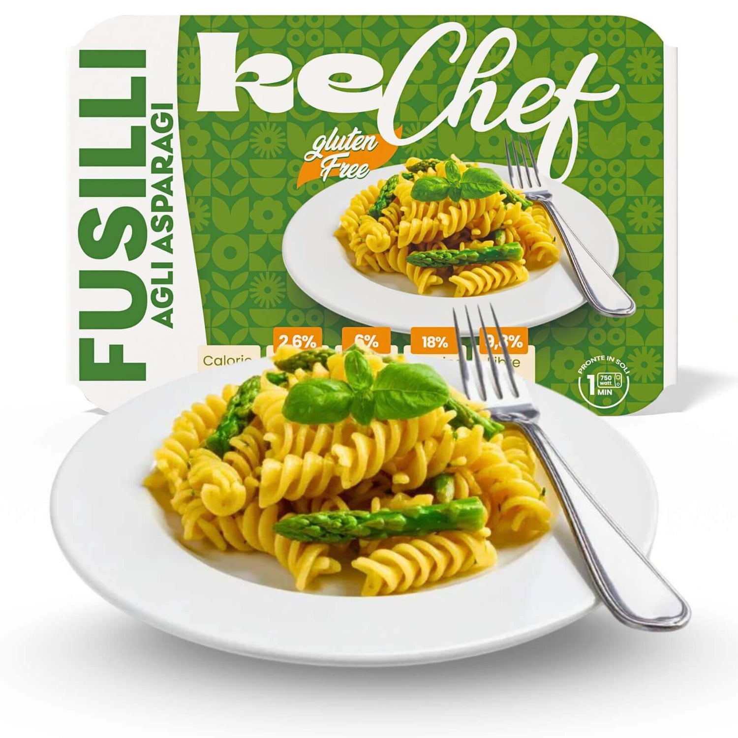 Fusilli keChef agli asparagi Pronti su piatto bianco, gustoso e pronto in un minuto, ideale per dieta chetogenica.