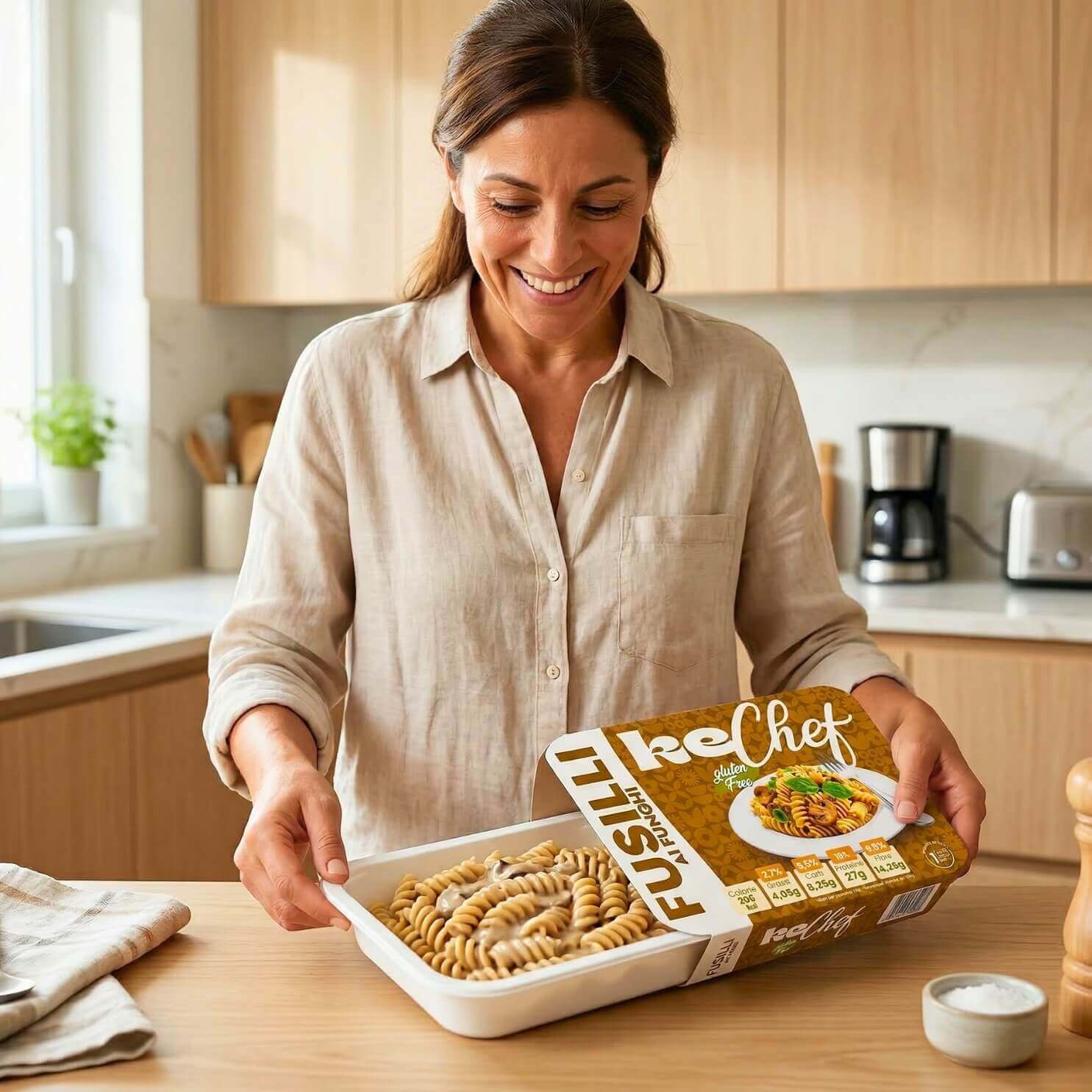 Box X1 settimana piatti pronti: donna che prepara fusilli pronti per una settimana di pasti senza glutine.