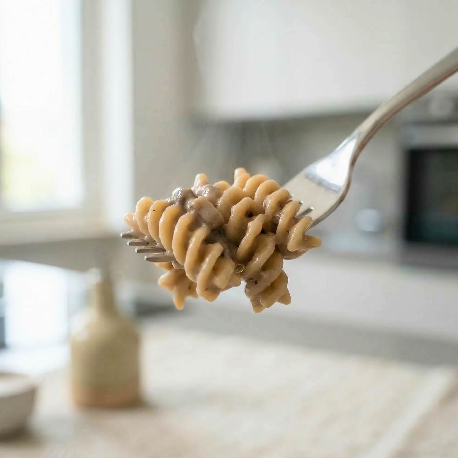 Fusilli keChef ai funghi e tartufo Pronti su una forchetta con un intenso aroma di tartufo.