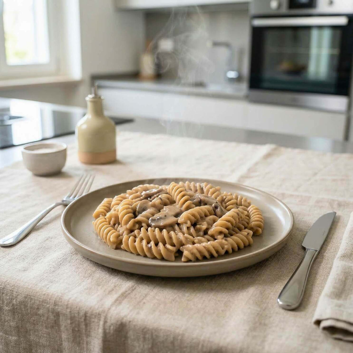 Fusilli keChef ai funghi Pronti serviti su un piatto con crema di funghi, adatti per dieta chetogenica.