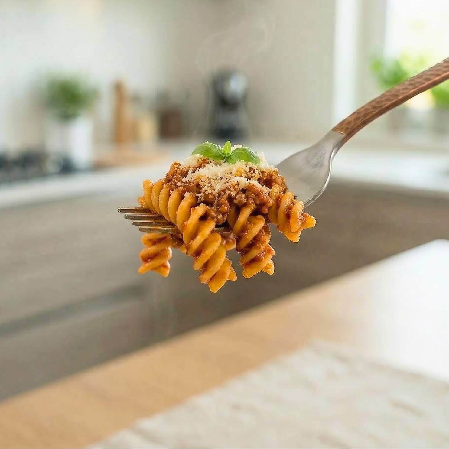 Fusilli keChef alla bolognese Pronti serviti su una forchetta, perfetti per una dieta chetogenica.