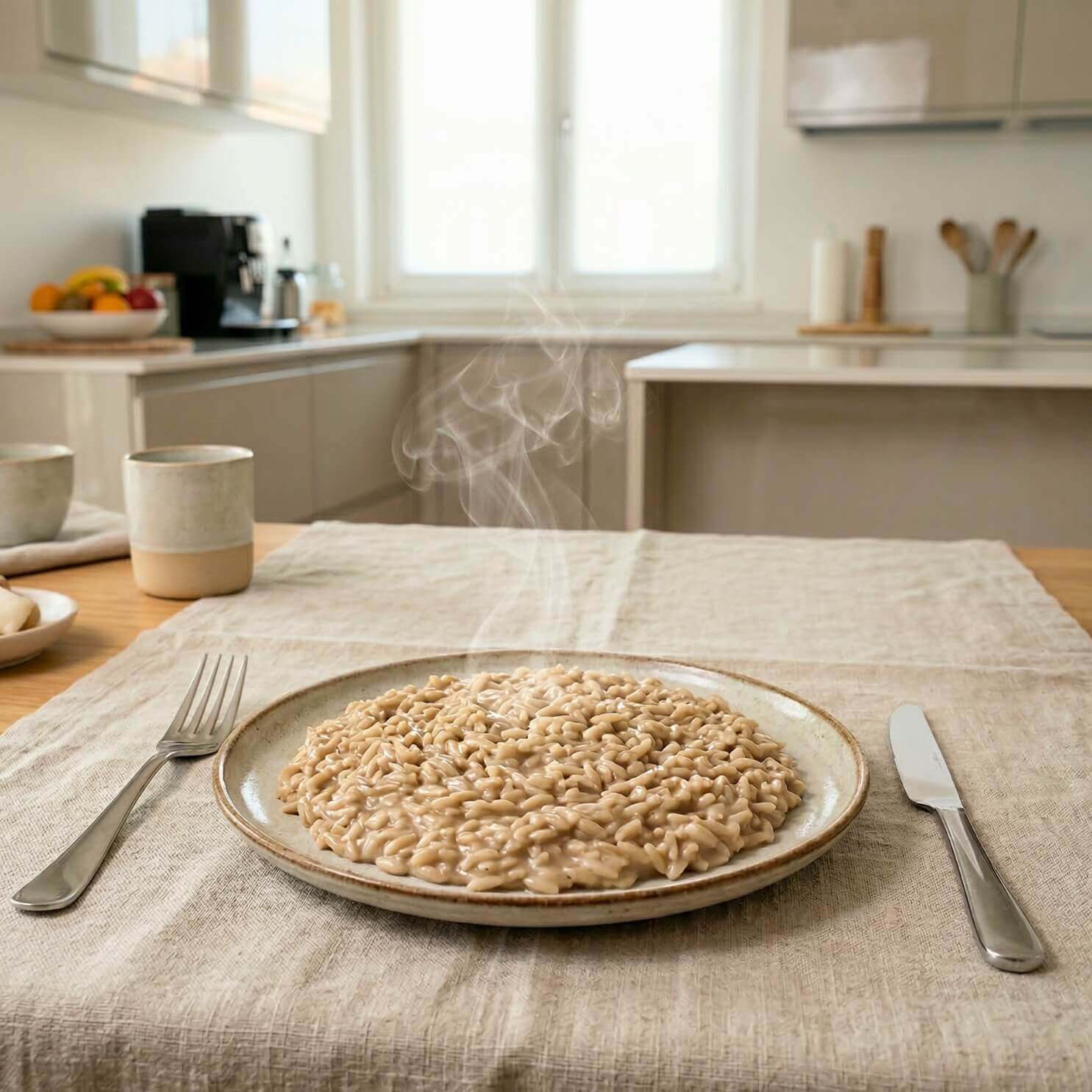 Risoni keChef ai funghi Pronti serviti con vapore in cucina, ideale per dieta chetogenica.