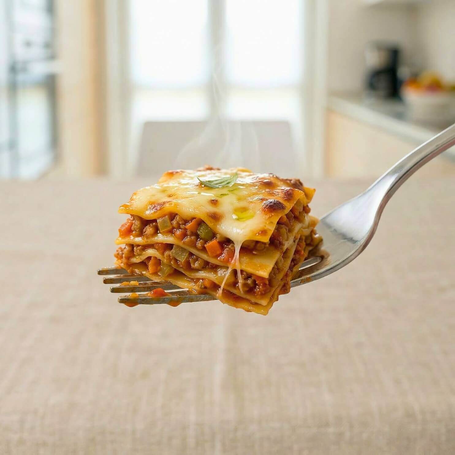 Lasagna keChef vegetariana Pronta servita su una forchetta, ricca di verdure mediterranee e pronta in un minuto.