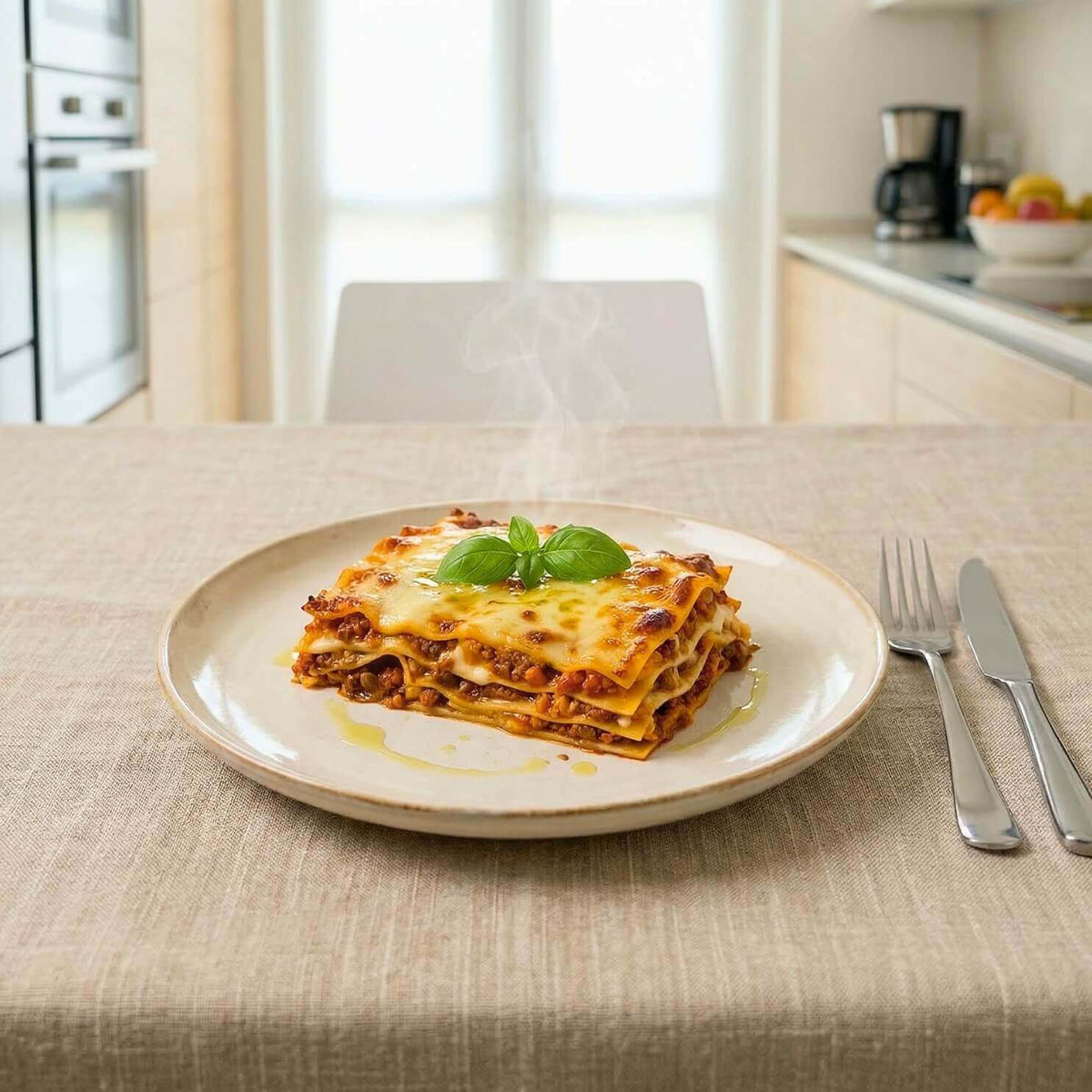 Lasagna keChef vegetariana Pronta servita su un piatto con vapore, ideale per una dieta chetogenica.