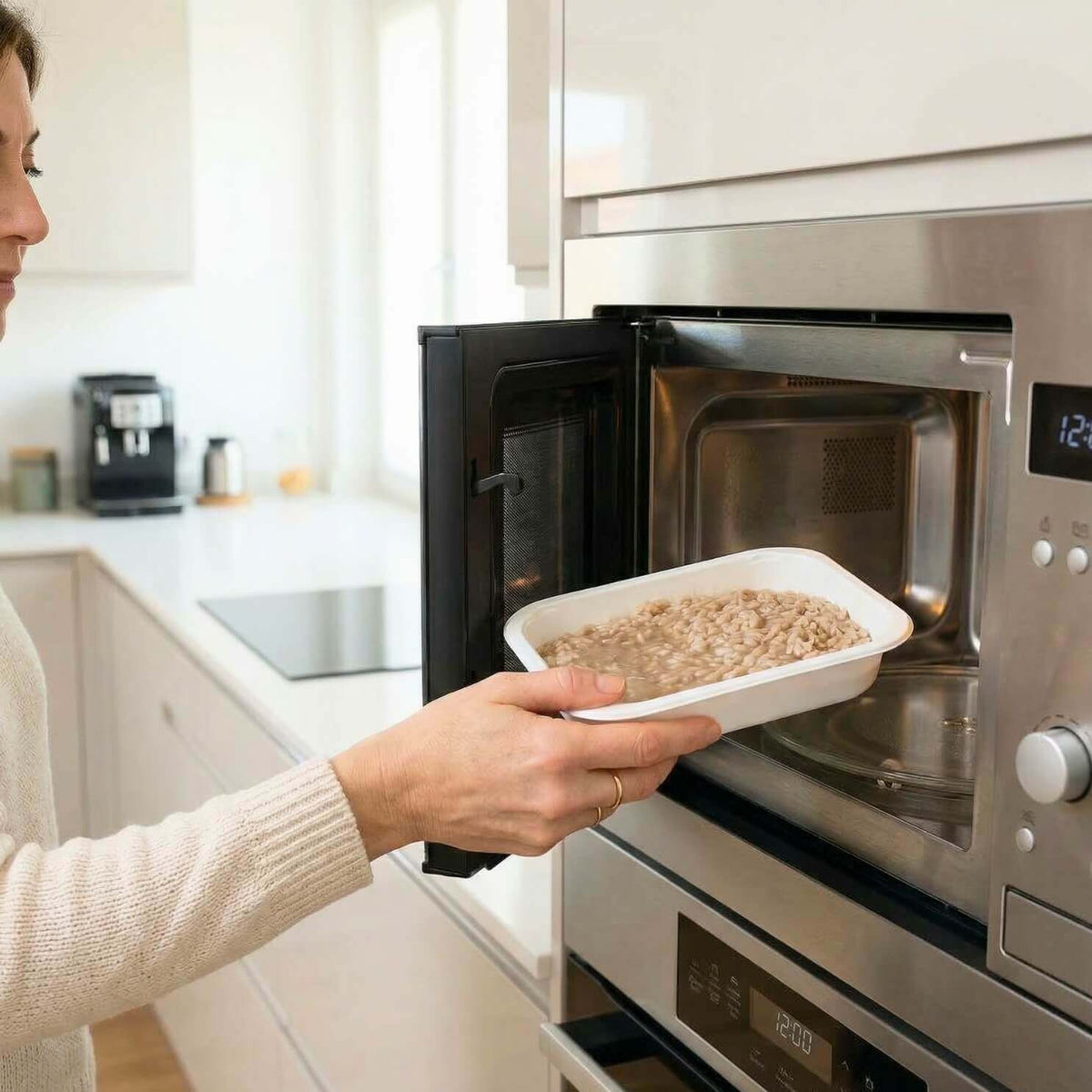 Risoni keChef ai funghi Pronti in un contenitore pronto per essere riscaldato nel microonde.