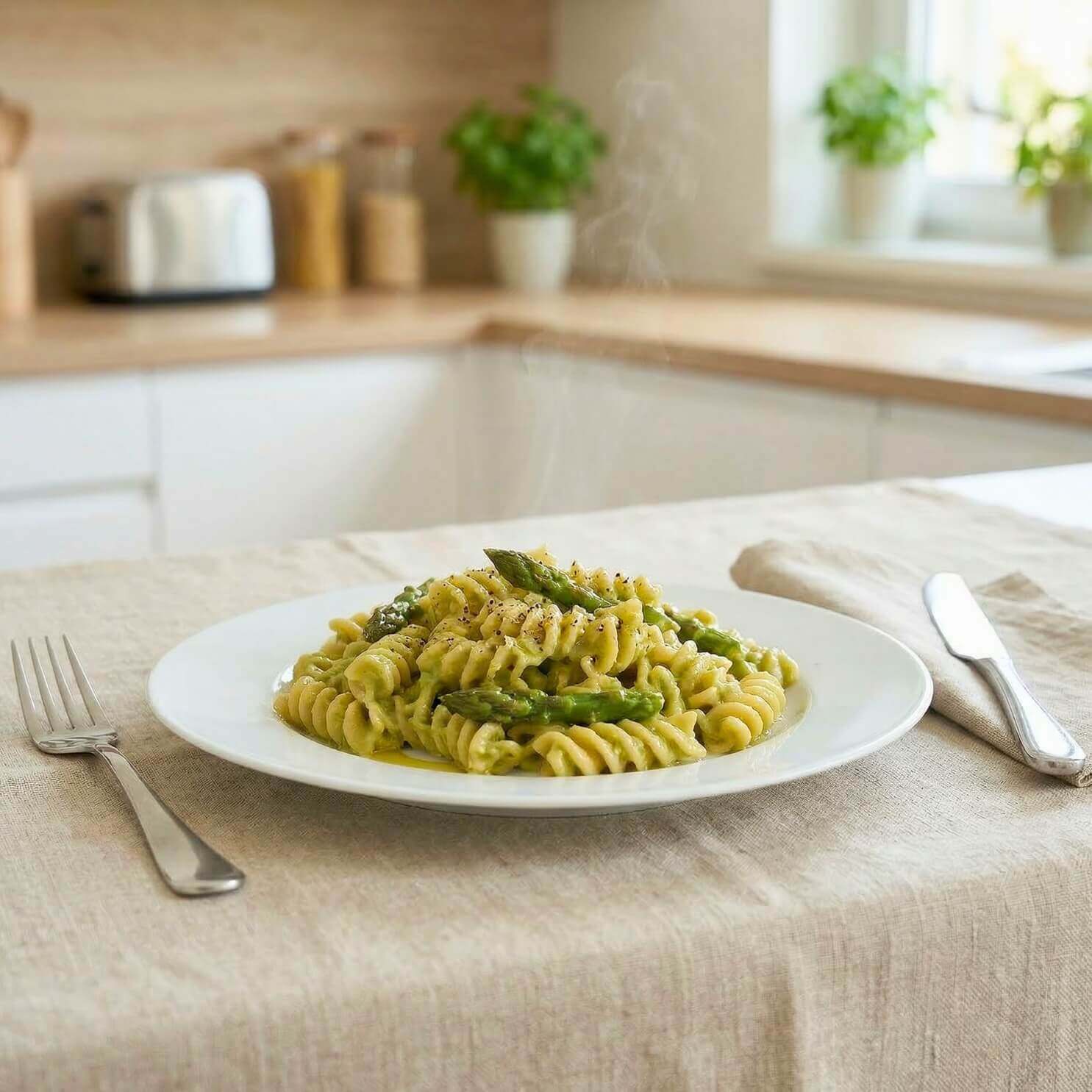 Fusilli keChef agli asparagi Pronti serviti su un piatto bianco con asparagi verdi e fumi di vapore.
