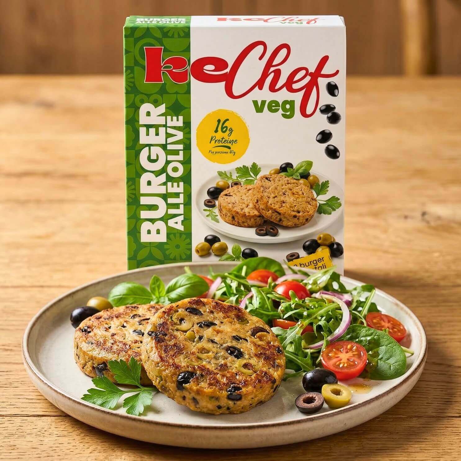 Burger Veg alle olive KeChef Veg serviti con insalata, fonte proteica e ingredienti keto.
