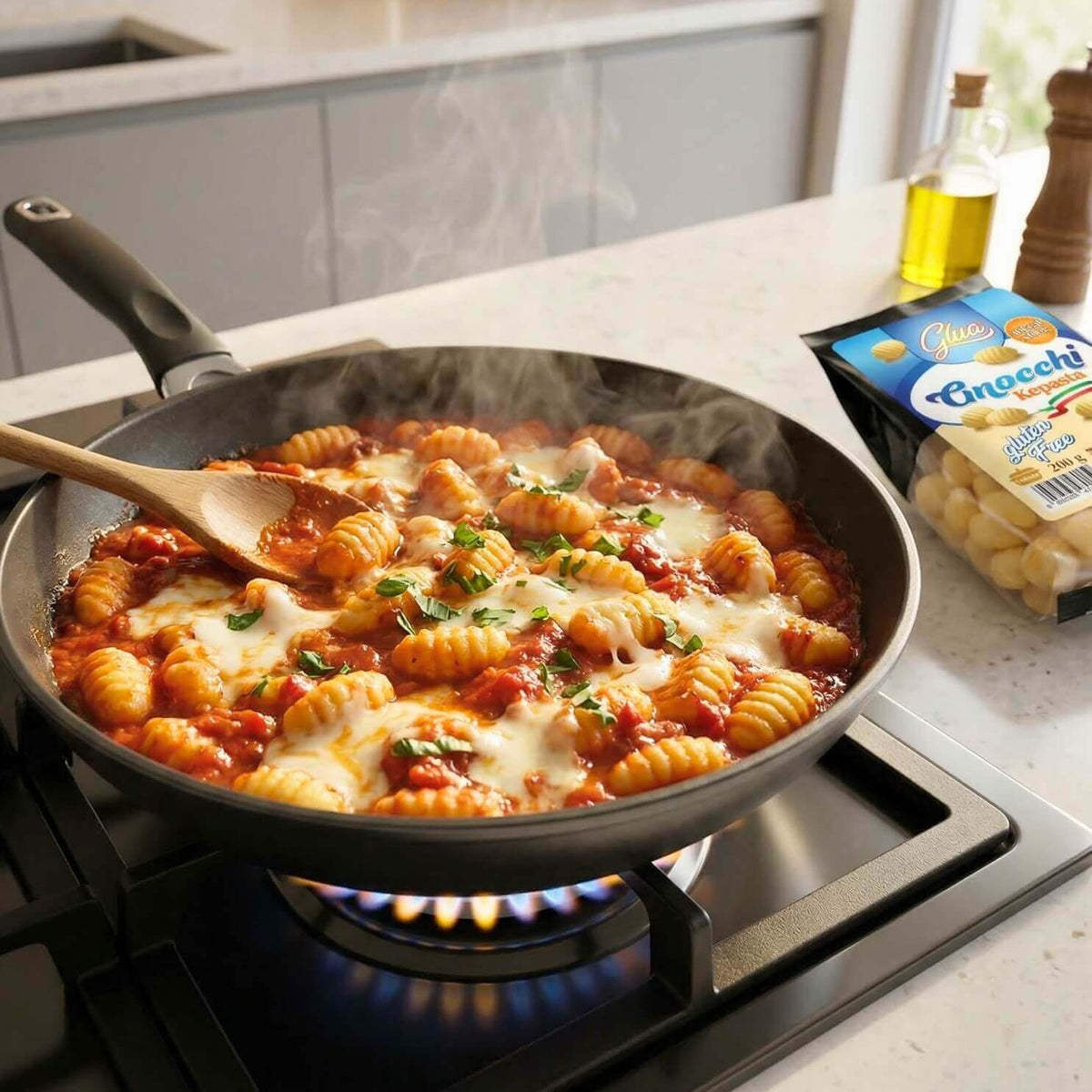 Kepasta Gnocchi cucinati in padella con salsa di pomodoro e formaggio, con porzioni in vista.