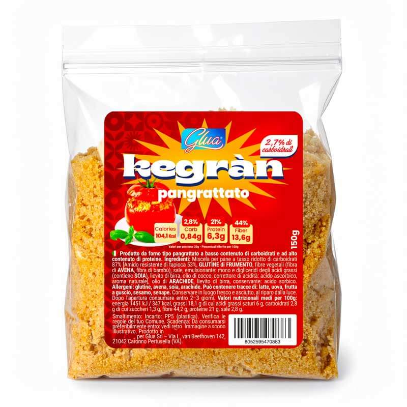 Pangrattato keto in confezione da 150g, con 2,8% di carboidrati per dieta chetogenica e alimenti proteici.