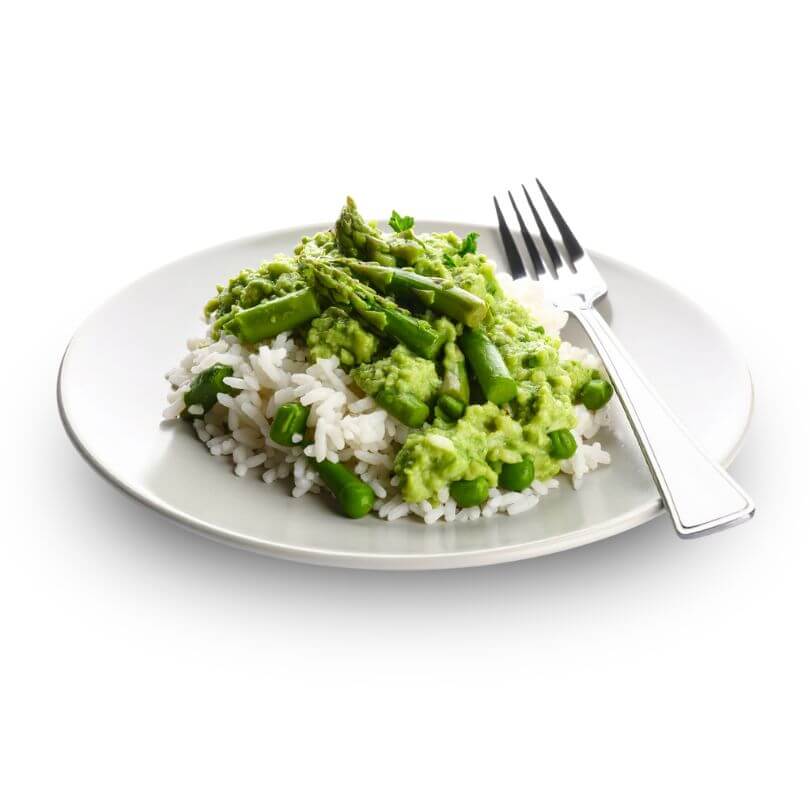 Risoni keto agli asparagi con riso e salsa verde. Ideale per dieta chetogenica e alimenti proteici.