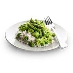 Risoni keto agli asparagi con riso e salsa verde. Ideale per dieta chetogenica e alimenti proteici.