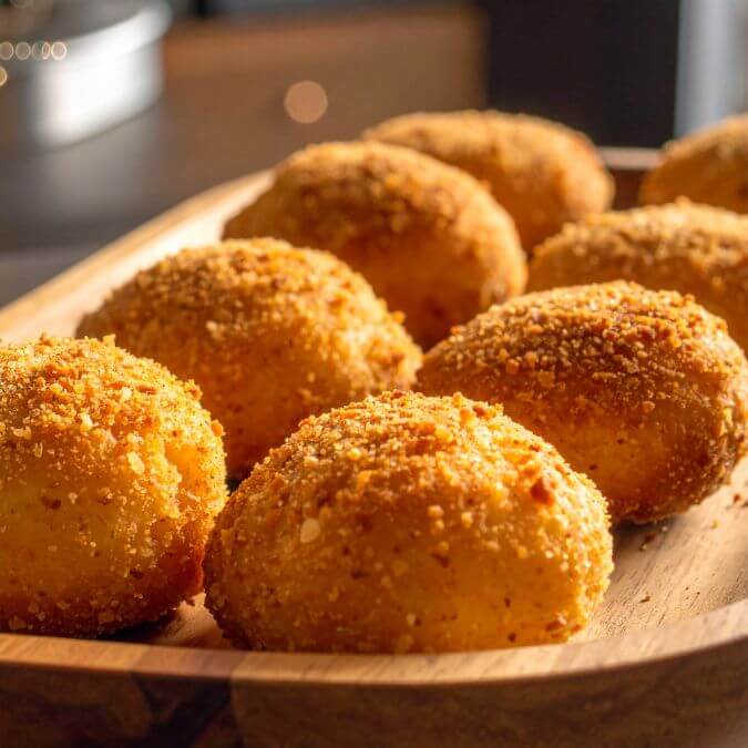Pangrattato keto su sfere dorate croccanti, ideale per dieta chetogenica e alimenti proteici.