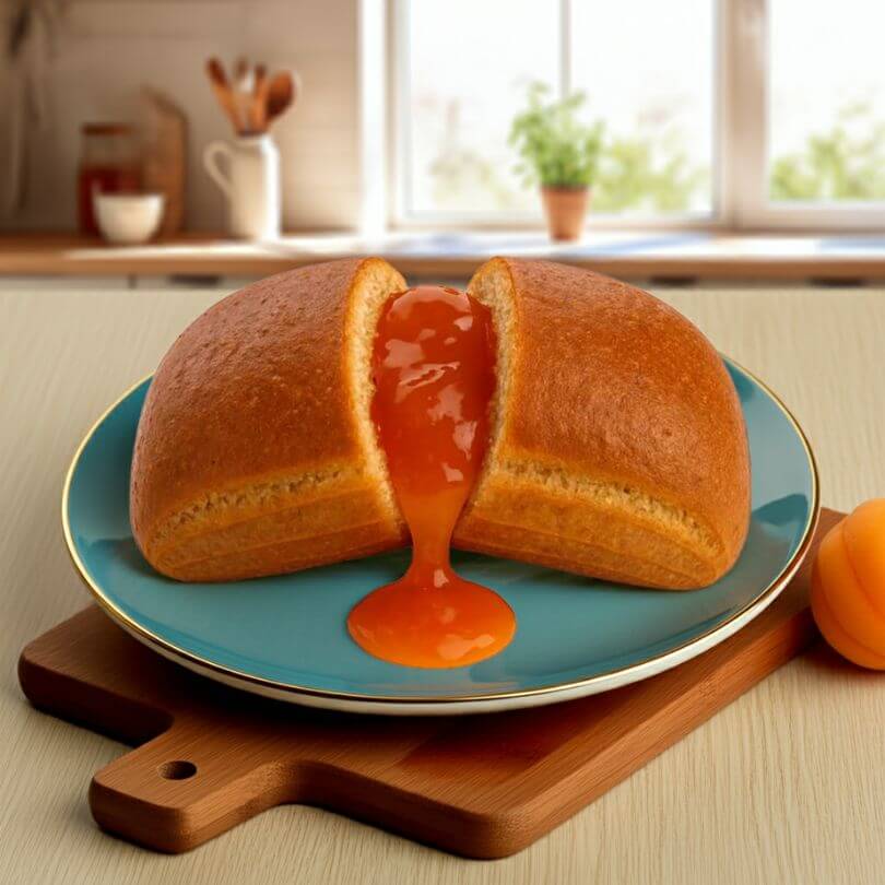 Saccottino all'albicocca caldo con dolce ripieno nel piatto, ideale per dieta chetogenica e alimenti proteici.