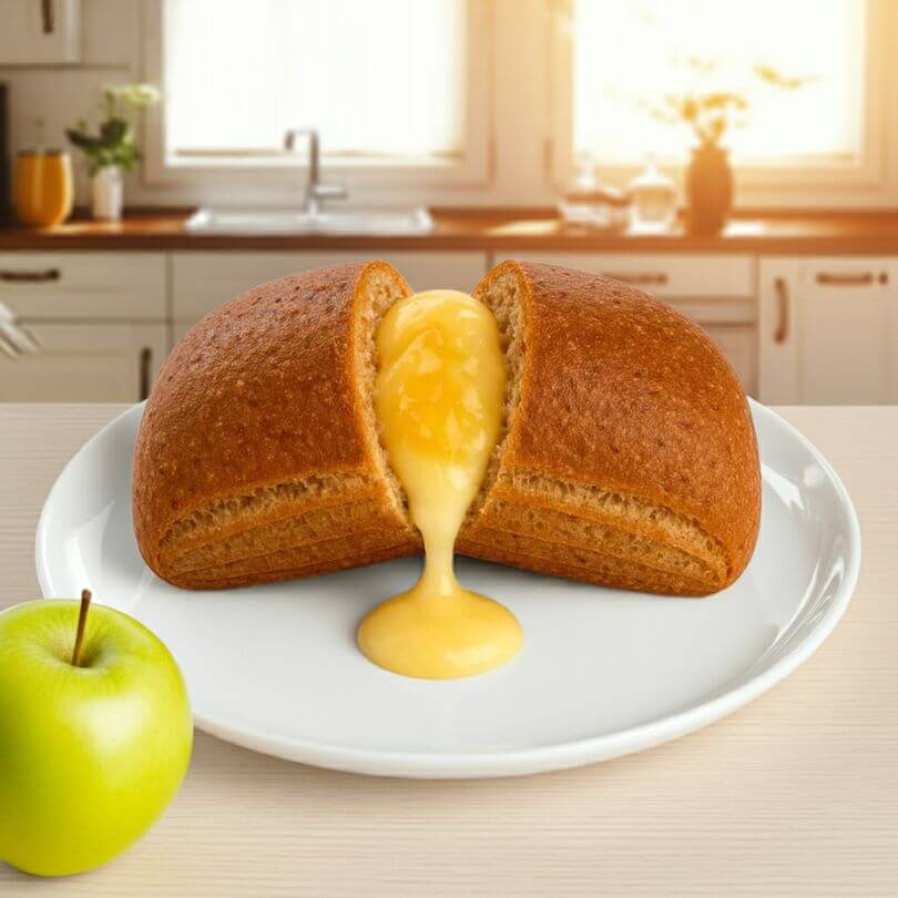 Saccottino alla crema pasticcera, mela e cannella con ripieno cremoso su piatto, mela verde a lato.