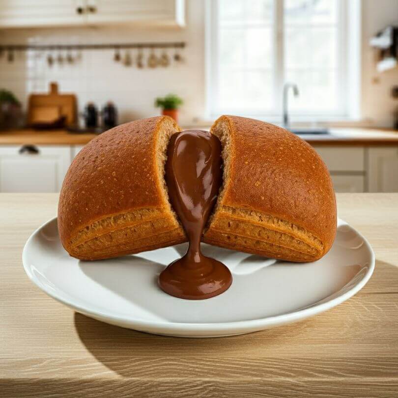 Saccottino al cioccolato fondente con cuore di crema pasticcera in un piatto, alimento keto per dieta chetogenica.