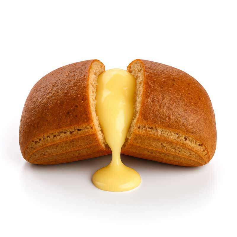 Saccottino alla crema pasticcera con crema morbida che fuoriesce, ideale per dieta chetogenica e alimenti proteici.