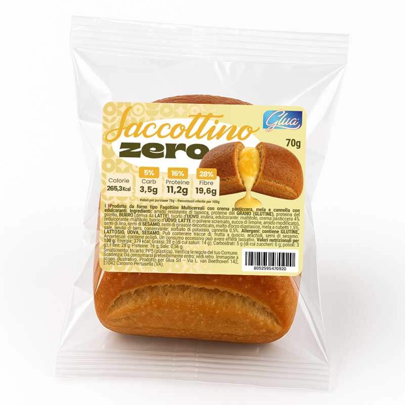 Saccottino alla crema pasticcera, mela e cannella, 70g, zero zuccheri e ricco di proteine per dieta chetogenica.