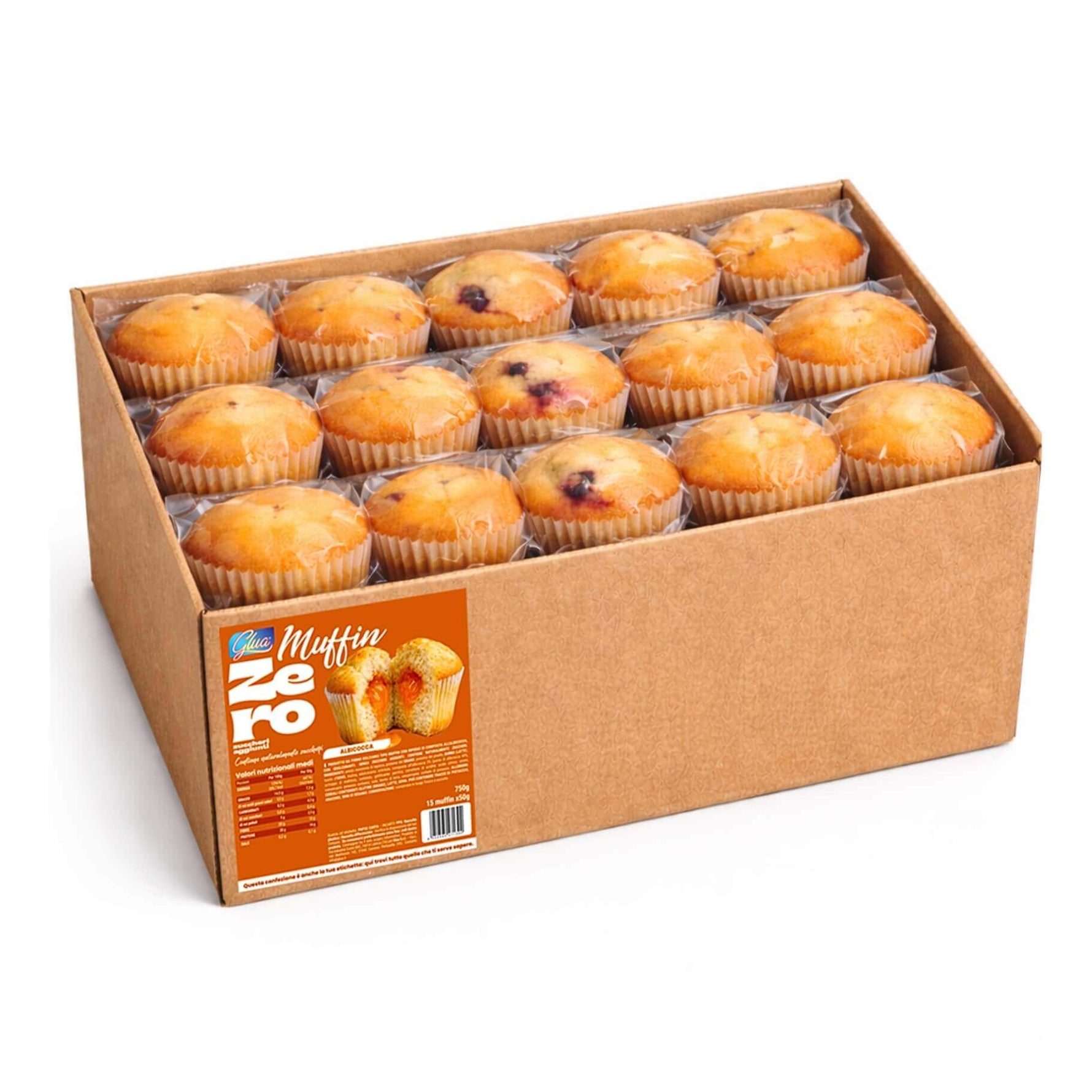15 Muffin proteici con Cuore all'Albicocca in confezione, adatti per dieta chetogenica.