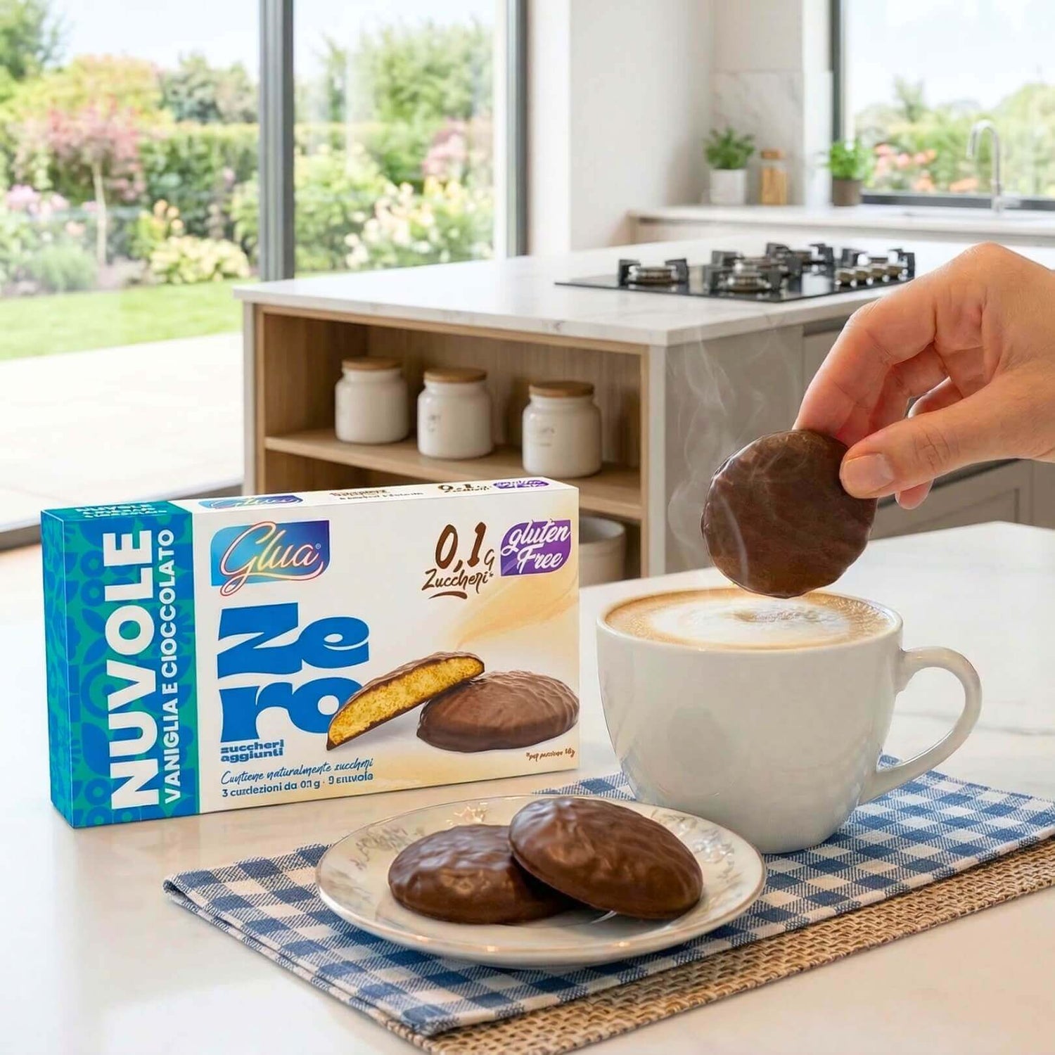 Biscotti proteici Nuvole ricoperti di cioccolato gusto vaniglia accompagnati da una tazza di caffè.