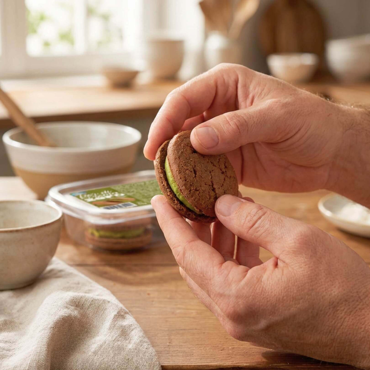 Fior di Crema Proteici al Pistacchio, biscotto con crema al pistacchio, ideale per dieta chetogenica.