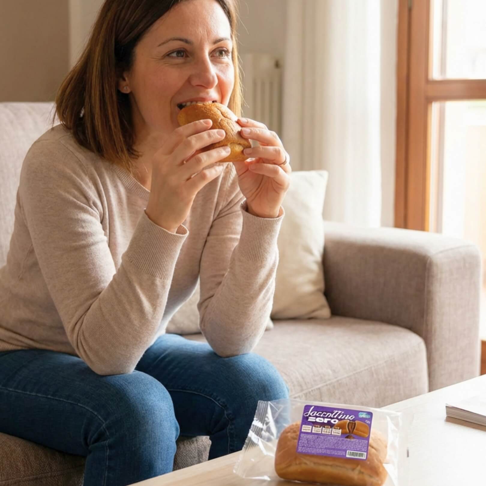 Donna che gusta un Saccottino al cioccolato fondente in soggiorno, perfetto per la dieta chetogenica.