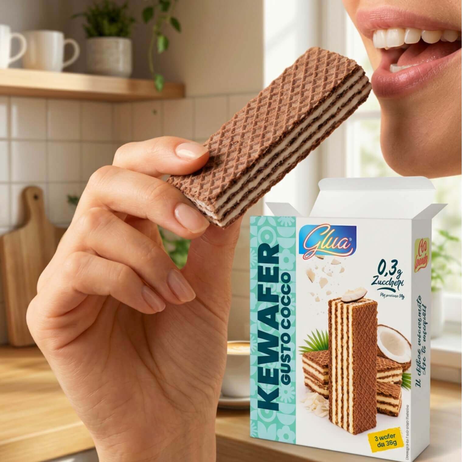 Kewafer al cocco, snack croccante e cremoso, ideale per dieta chetogenica, con solo 0,27 g zuccheri per porzione.
