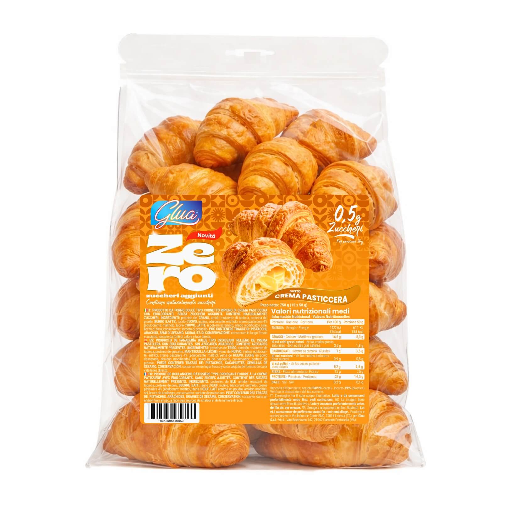 15 Cornetti proteici ripieni di crema pasticcera in confezione  da 15 unità, gusto cremoso e 0,5 g di zuccheri per cornetto.