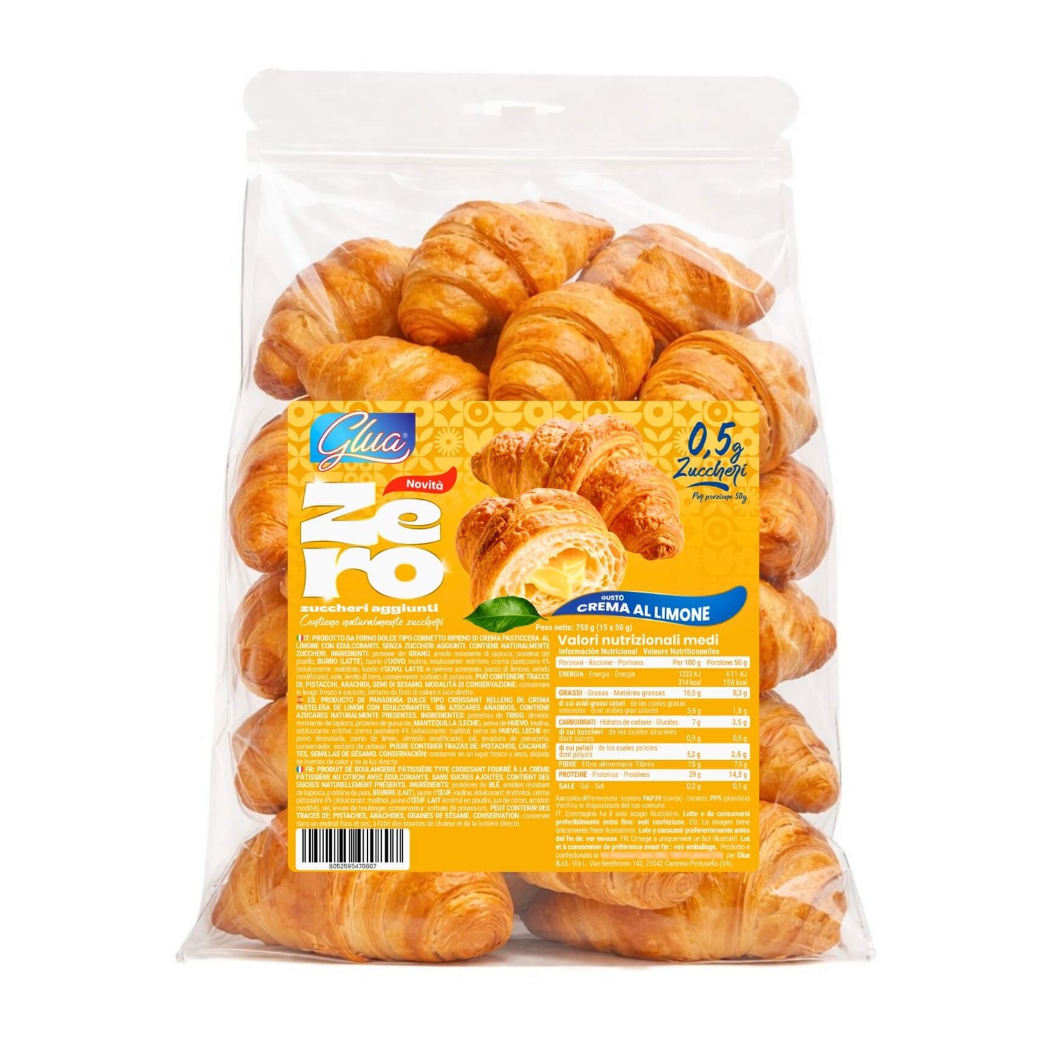 15 Cornetti proteici ripieni di crema al limone in confezione da 50g con 0,5g di zuccheri per cornetto.