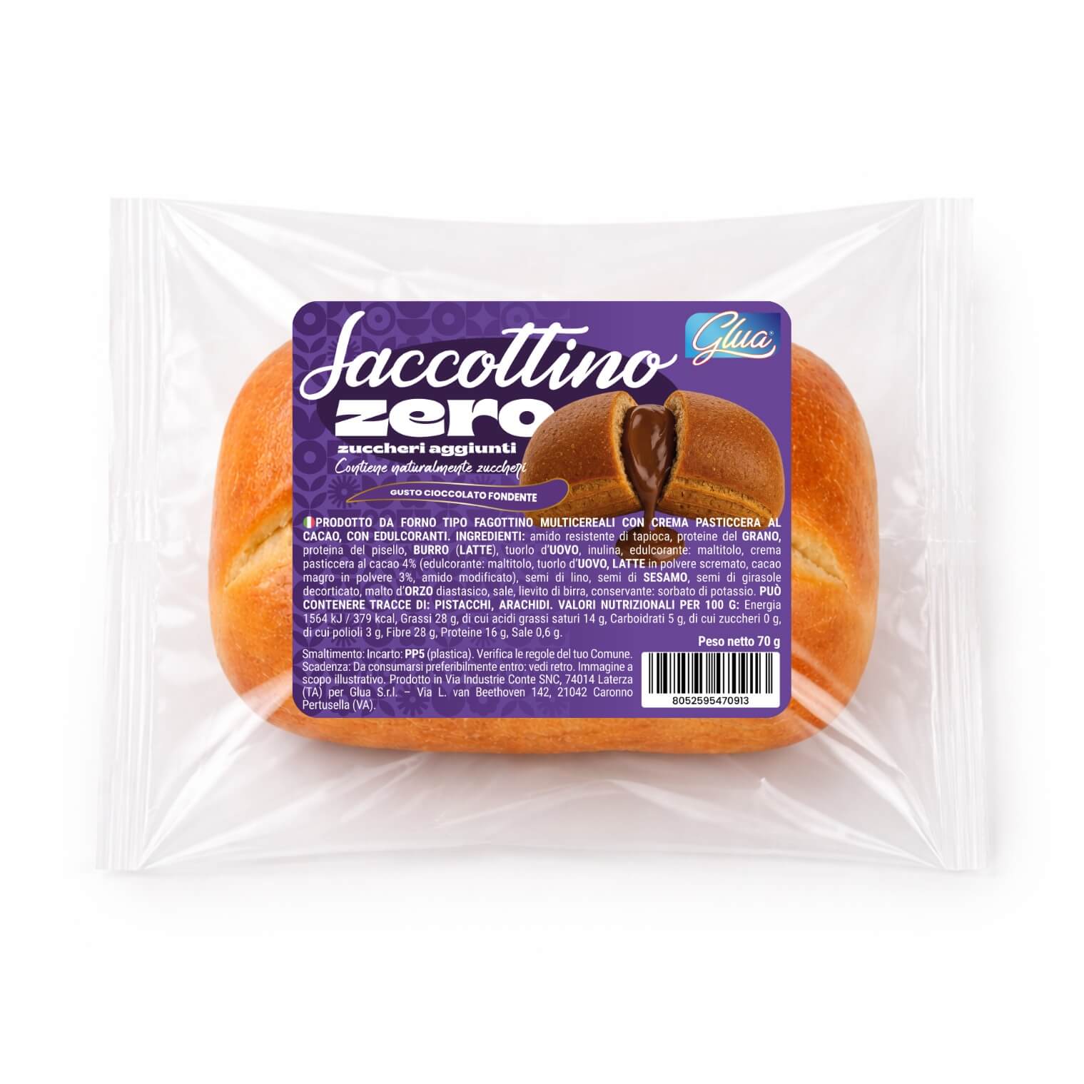 Saccottino al cioccolato fondente, snack dolce con crema al cacao, ideale per dieta chetogenica.