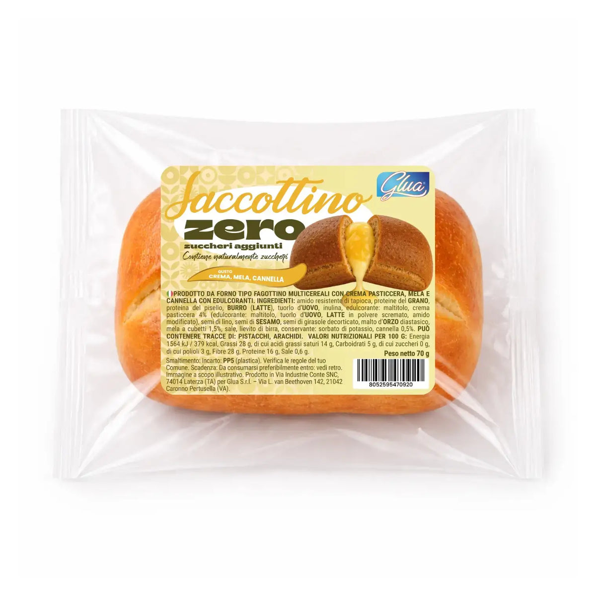 Saccottino alla crema pasticcera, mela e cannella in confezione trasparente, prodotto a basso contenuto di carboidrati.